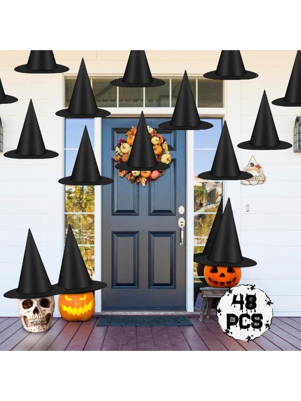 48 PCS Halloween Witch Hats Black Hanging Witch Hats Porch Yard Decor FT Nylon